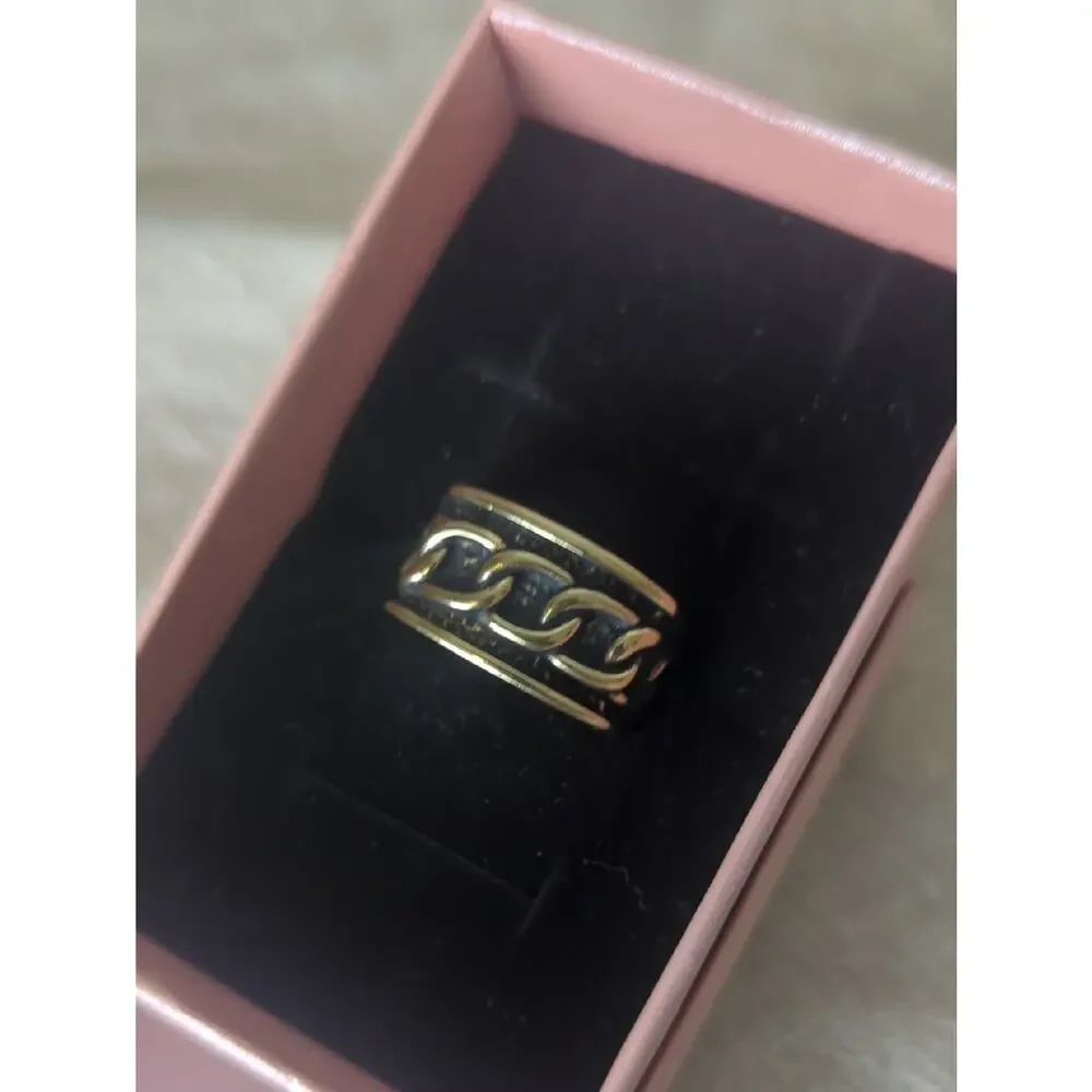 Vintage Castings on Parade Chain Link Ring Size 7.5 Black Enamel Gold Plated